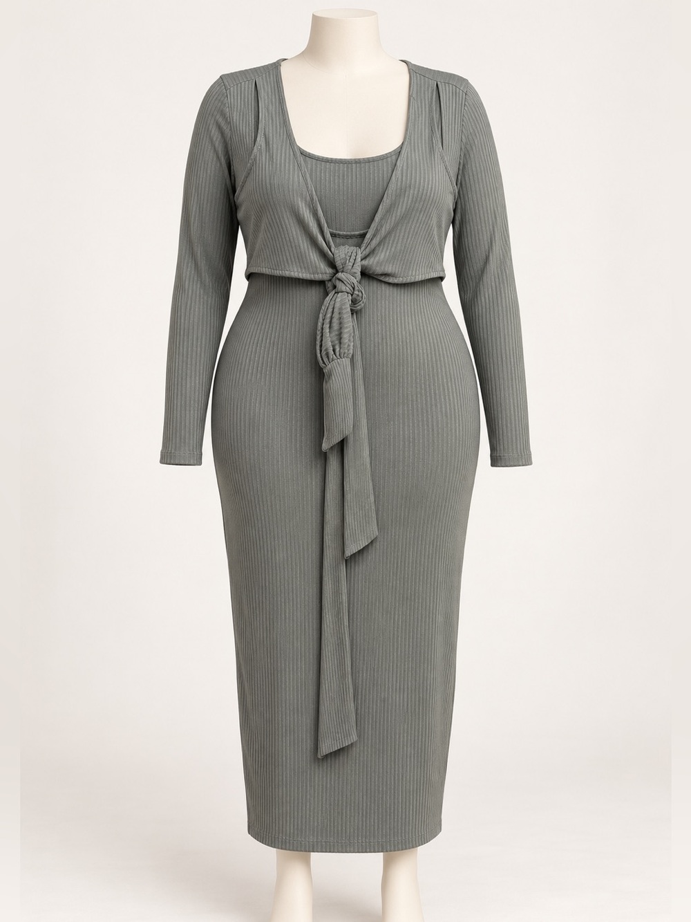 Eloquii Tie-Front Ribbed Midi Dress in Sage